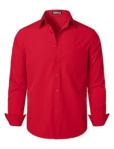 ZEROYAA Herren Regular Fit Kleid Hemd Solid Faltenfrei Langarm Casual Business Button Up Shirts mit Tasche, Feuerrot, L von ZEROYAA