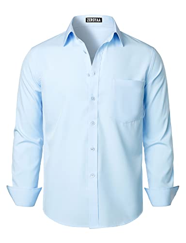 ZEROYAA Herren Regular Fit Kleid Hemd Solid Faltenfrei Langarm Casual Business Button Up Shirts mit Tasche, Himmelblau, L von ZEROYAA