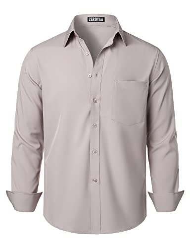 ZEROYAA Herren Regular Fit Kleid Hemd Solid Faltenfrei Langarm Casual Business Button Up Shirts mit Tasche, Mandelgrau, L von ZEROYAA