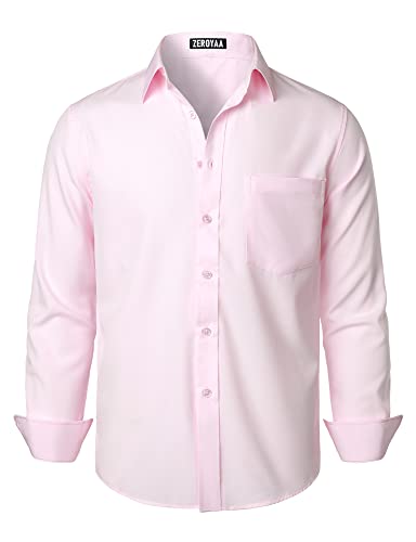 ZEROYAA Herren Regular Fit Kleid Hemd Solid Faltenfrei Langarm Casual Business Button Up Shirts mit Tasche, Pink, L von ZEROYAA