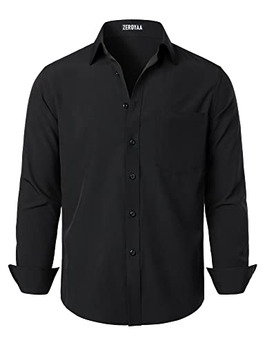 ZEROYAA Herren Regular Fit Kleid Hemd Solid Faltenfrei Langarm Casual Business Button Up Shirts mit Tasche, Schwarz, L von ZEROYAA