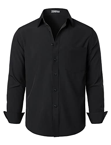 ZEROYAA Herren Regular Fit Kleid Hemd Solid Faltenfrei Langarm Casual Business Button Up Shirts mit Tasche, Schwarz, XL von ZEROYAA