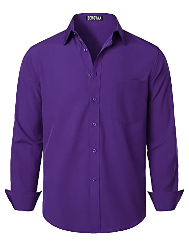 ZEROYAA Herren Regular Fit Kleid Hemd Solid Faltenfrei Langarm Casual Business Button Up Shirts mit Tasche, Violett, L von ZEROYAA