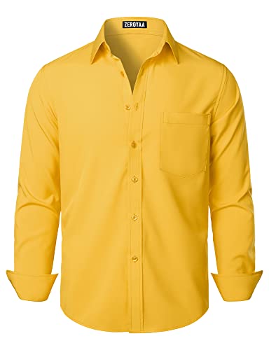 ZEROYAA Herren Regular Fit Kleid Hemd Solide Faltenfrei Langarm Casual Business Button Up Hemden mit Tasche, gelb, 3X-Groß von ZEROYAA