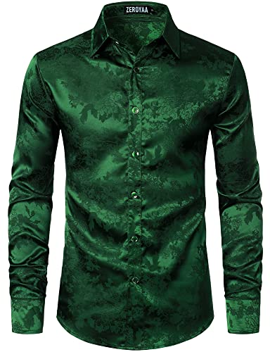 ZEROYAA Herren Shiny Satin Rose Floral Jacquard Langarm Knopfleiste Kleid Shirts für Party Abschlussball, smaragdgrün, X-Groß von ZEROYAA