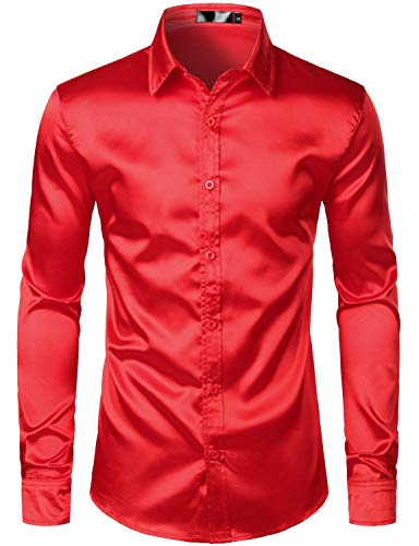 ZEROYAA Herren Slim fit wie seidensatin 70s Disco Hemd Partei-Abschlussball-Kleid Shirts zlcl14-rot klein zlcl14-rot von ZEROYAA