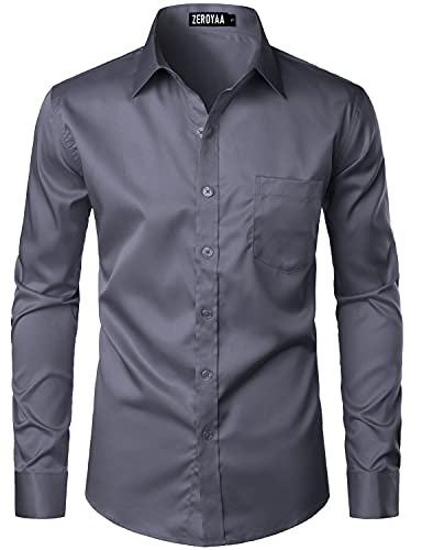 ZEROYAA Herren Urban Stilvoll Casual Business Slim Fit Langarm Knopfleiste Kleid Hemd mit Tasche - Grau - Groß von ZEROYAA