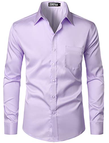 ZEROYAA Herren Urban Stilvoll Casual Business Slim Fit Langarm Knopfleiste Kleid Hemd mit Tasche - Violett - Groß von ZEROYAA