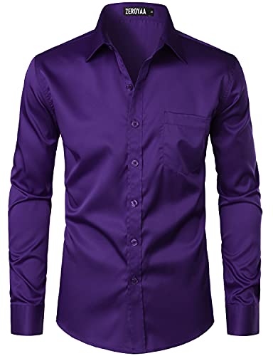 ZEROYAA Herren Urban Stilvoll Casual Business Slim Fit Langarm Knopfleiste Kleid Hemd mit Tasche - Violett - Mittel von ZEROYAA