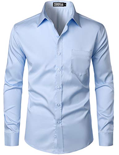 ZEROYAA Herren Urban Stylish Casual Business Slim Fit Langarm Button Up Kleid Hemd mit Tasche, Himmelblau, L von ZEROYAA