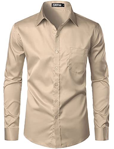 ZEROYAA Herren Urban Stylish Casual Business Slim Fit Langarm Button Up Kleid Hemd mit Tasche, Khaki, Klein von ZEROYAA