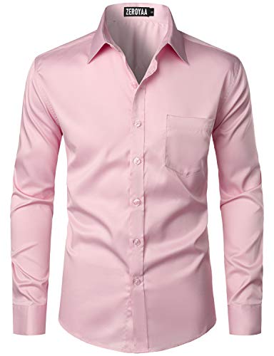 ZEROYAA Herren Urban Stylish Casual Business Slim Fit Langarm Button Up Kleid Hemd mit Tasche, Pink, Mittel von ZEROYAA