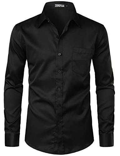 ZEROYAA Herren Urban Stylish Casual Business Slim Fit Langarm Button Up Kleid Hemd mit Tasche, Schwarz, L von ZEROYAA