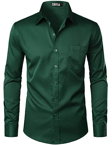 ZEROYAA Herren Urban Stylish Casual Business Slim Fit Langarm Button Up Kleid Hemd mit Tasche, dunkelgrün, Mittel von ZEROYAA