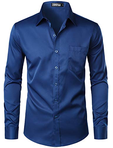 ZEROYAA Herren Urban Stylish Casual Business Slim Fit Langarm Knopfleiste Kleid Hemd mit Tasche, Marineblau, 3X-Groß von ZEROYAA