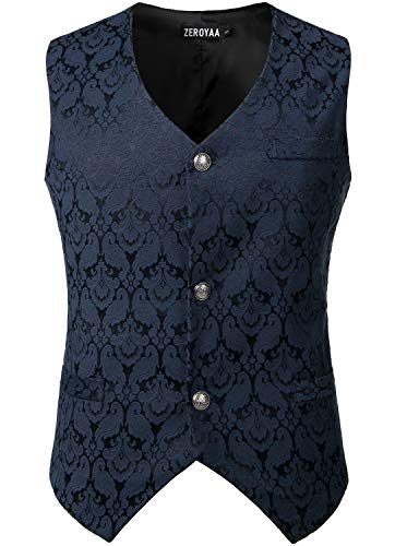 ZEROYAA Herren-Weste, einreihig, Gothic, Steampunk, viktorianischer Brokat, Weste., Zlsv10-navy, XX-Large von ZEROYAA