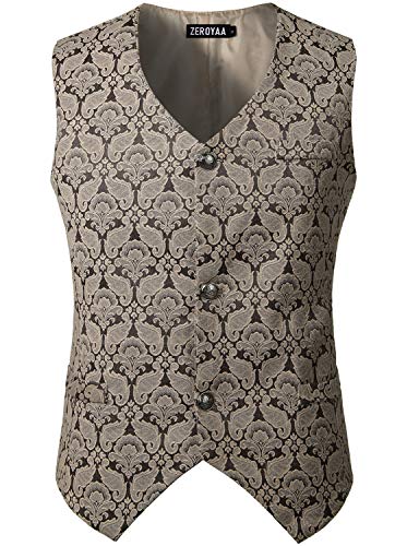 ZEROYAA Herren-Weste, einreihig, Gothic, Steampunk, viktorianischer Brokat, Weste. - Braun - XX-Large von ZEROYAA