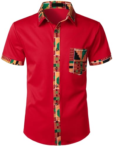ZEROYAA Herrenhemd mit afrikanischem Patchwork-Design, kurzärmelig, Knopfleiste, Rot/Ausflug, einfarbig (Getaway Solids), XX-Large von ZEROYAA