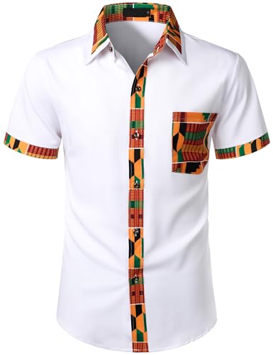 ZEROYAA Herrenhemd mit afrikanischem Patchwork-Design, kurzärmelig, Knopfleiste, Weiss/opulenter Garten, XX-Large von ZEROYAA