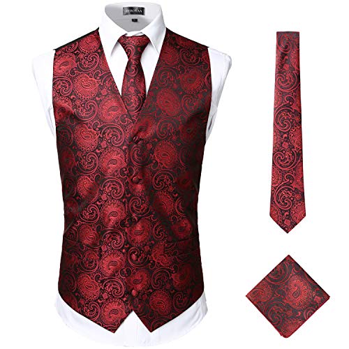 ZEROYAA Klassisches 3-teiliges Jacquard-Paisley-Westen-Set für Herren mit Krawatte, quadratischer Weste für Anzug oder Smoking - Rot - Small von ZEROYAA