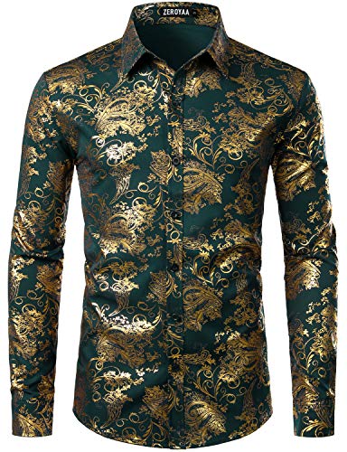 ZEROYAA Luxuriöses Paisleymuster für Herren, glänzendes Blumenmuster, Button-Down-Shirt, für Party, Abschlussball, Zlcl18-dark Forest Green, XX-Large von ZEROYAA