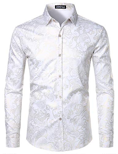 Zero OYAA Herren Luxus Gold Abschlussball Design Slim Fit Langarm Knopfleiste Party Kleid Shirts - Weiß - X-Groß von ZEROYAA