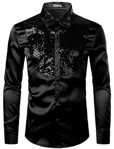 Zeroyaa Herren Glänzende Pailletten Design Seide wie Satin Knopfleiste Disco Party Kleid Hemden mit Fliege - Schwarz - XX-Large von ZEROYAA