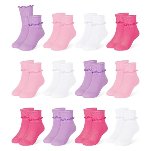 ZERULETS Baby Mädchen Rüschen Socken Baumwolle Taufe Socken für Neugeborene 12 Paare Weiße Rosa Elastisch Söckchen für Kleinkind Mädchen Kinder 1-3 Jahre(4 Farbe) von ZERULETS