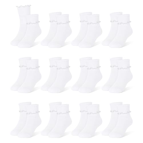 ZERULETS Baby Mädchen Rüschen Socken Taufe Socken für Neugeborene 12 Paare Weiße Rosa Elastisch Söckchen für Kleinkind Mädchen Kinder 1-3 Jahre(Weiße) von ZERULETS