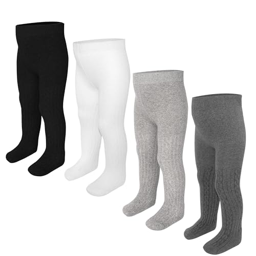 ZERULETS Baby Strumpfhose Mädchen Kinderstrumpfhose Jungen Winter Baumwolle Kinderstrumpfhose 4 Paare Warm Strümpfe Leggings für 6-12 Monaten（Schwarz, Weiß, Grau von ZERULETS