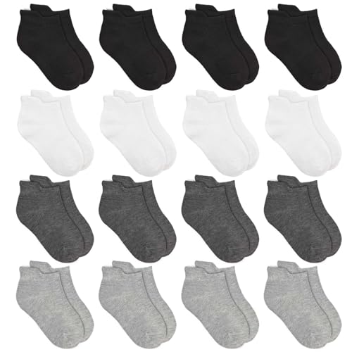 ZERULETS Jungen Mädchen Söckchen Sneaker Socken Kinder 16er-Pack Unisex Sportsocken Klassische Farben Schwarz, Weiß und Grau Kleinkind Socken 2-14 Jahre(4-7 Jahre，Schwarz, Weiß, Grau von ZERULETS