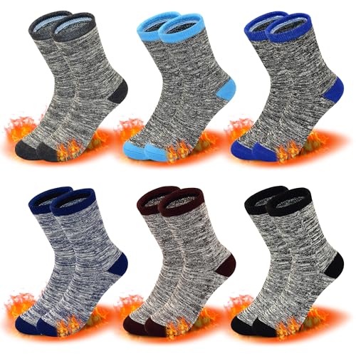 ZERULETS Kinder Jungen Mädchen Dicke Socken 6 Paare Thermosocken Wintersocken Warme Weihnachtssocken Sportsocken Kindersocken für 7-10 Jahre von ZERULETS