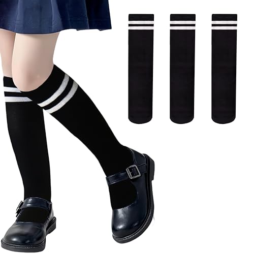 ZERULETS Mädchen Kniestrümpfe Knielang Socken Fußballsocken Kinder Streifen Schuleuniform Strümpfe Schwarz Sportsocken für Kleinkinder Mädchen und Jungen 5-8 Jahre von ZERULETS