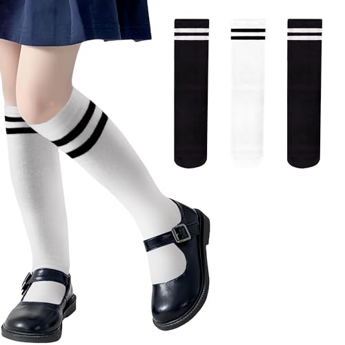 ZERULETS Mädchen Kniestrümpfe Knielang Socken Fußballsocken Kinder Streifen Schuleuniform Strümpfe Schwarz Weiß Sportsocken für Kleinkinder Mädchen und Jungen 5-8 Jahre von ZERULETS