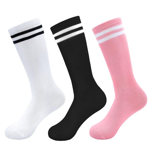 ZERULETS Mädchen Kniestrümpfe Knielang Socken Fußballsocken Kinder Streifen Schuleuniform Strümpfe Schwarz Weiß Rosa Sportsocken für Kleinkinder Mädchen und Jungen 5-8 Jahre von ZERULETS