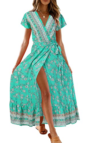 Damen-Maxikleid mit Blumenmuster, V-Ausschnitt, kurzärmelig, geteilt, Strandparty, Maxikleid von ZESICA