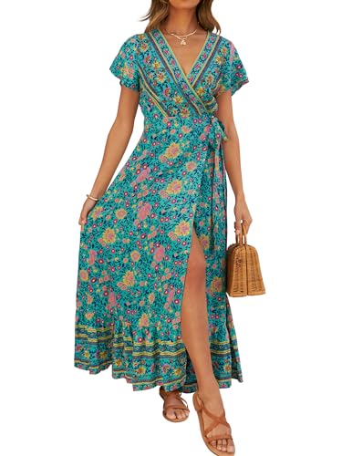 Damen-Maxikleid mit Blumenmuster, V-Ausschnitt, kurzärmelig, geteilt, Strandparty, Maxikleid von ZESICA