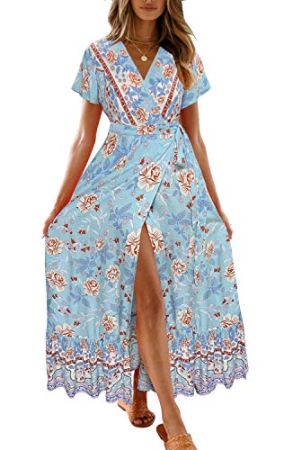 Damen-Maxikleid mit Blumenmuster, V-Ausschnitt, kurzärmelig, geteilt, Strandparty, Maxikleid von ZESICA