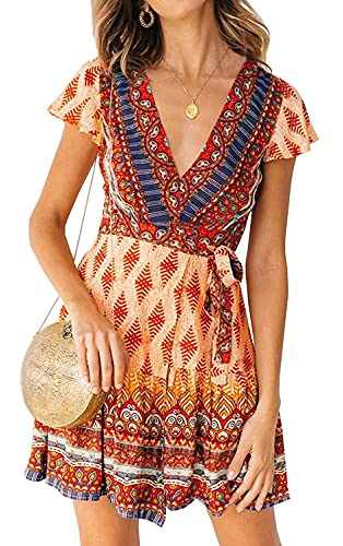 Women’s Summer Wrap V Neck Bohemian Floral Print Ruffle Swing A Line Beach Mini Dress von ZESICA
