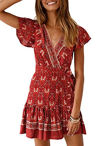 Women’s Summer Wrap V Neck Bohemian Floral Print Ruffle Swing A Line Beach Mini Dress von ZESICA