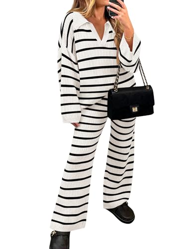 ZESICA 2-teiliges Damen-Set, lässig, gestreift, langärmelig, V-Ausschnitt, Strickpullover, Tops und Hose mit weitem Bein, Lounge-Matching-Set, Weiß, L von ZESICA