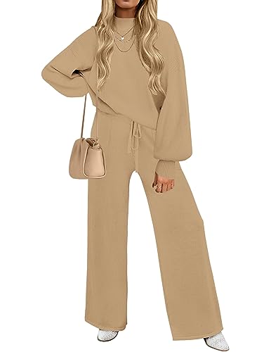 ZESICA Damen 2 Stück Outfits Pullover Set Langarm Mock Neck Knit Pullover und Wide Leg Pants Lounge Sets Sweatsuit, Khaki, L von ZESICA