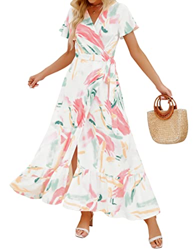 ZESICA Damen 2023 Bohemian Floral Printed Wrap V Ausschnitt Kurzarm Split Strand Party Maxikleid, Kontrastweiß, Mittel von ZESICA