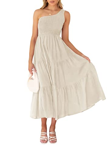 ZESICA Damen 2023 Bohemian Sommer Blumendruck Eine Schulter Ärmellos Gesmokte Rüschen Gestuftes Strand Lang Midi Kleid, Beige, Mittel von ZESICA