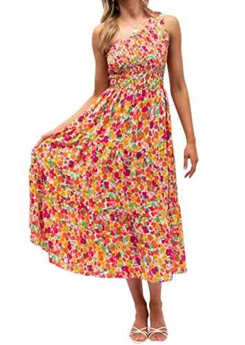 ZESICA Damen 2023 Bohemian Sommer Blumendruck Eine Schulter Ärmellos Gesmokte Rüschen Gestuftes Strand Lang Midi Kleid, Rotgelb, Groß von ZESICA