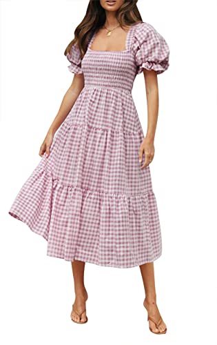 ZESICA Damen 2023 Bohemian Sommer Plaid Square Neck Puffärmel Rüschen Flowy Strand Midi Kleid, Taro, X-Klein von ZESICA