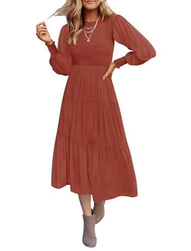 ZESICA Damen-Midikleid 2024, lässig, langärmelig, Rundhalsausschnitt, hohe Taille, gesmokt, fließend, gestuft, Rost, Mittel von ZESICA