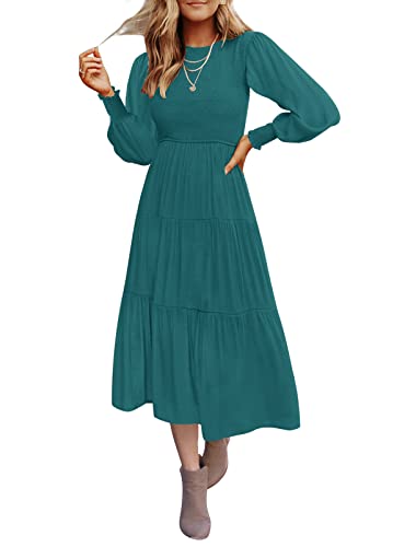 ZESICA Damen-Midikleid 2024, lässig, langärmelig, Rundhalsausschnitt, hohe Taille, gesmokt, fließend, gestuft, Tealgreen, Mittel von ZESICA