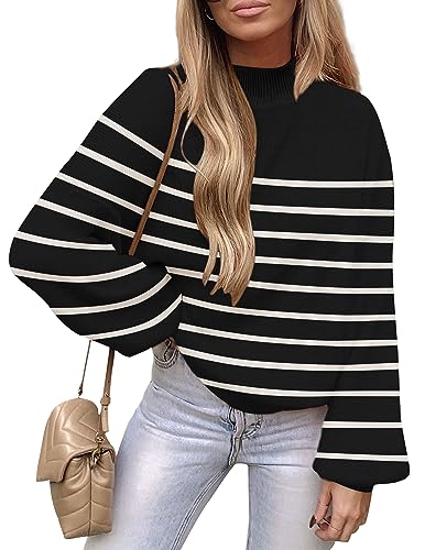 ZESICA Damen 2023 Casual Rollkragen Lange Laterne Ärmel Oversized Rippstrick Pullover Pullover Pullover Top, Blackstripe, X-Groß von ZESICA