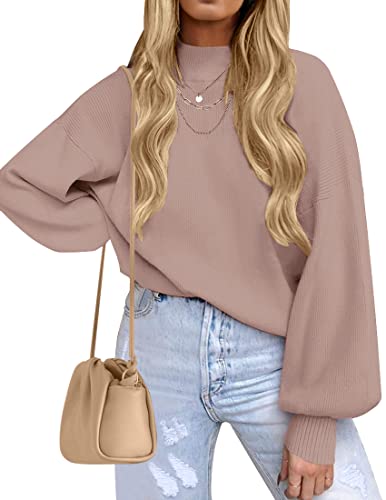 ZESICA Damen 2023 Casual Rollkragen Lange Laterne Ärmel Oversized Rippstrick Pullover Pullover Pullover Top, Mandel, Klein von ZESICA